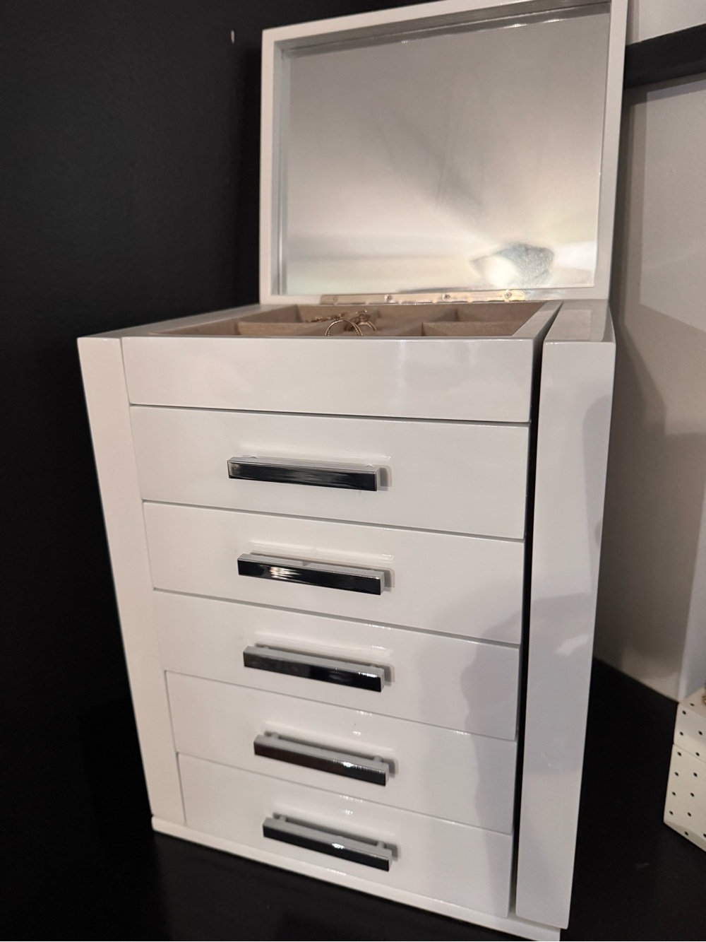 Pottery Barn White Gloss Jewelry Chest with Mirror